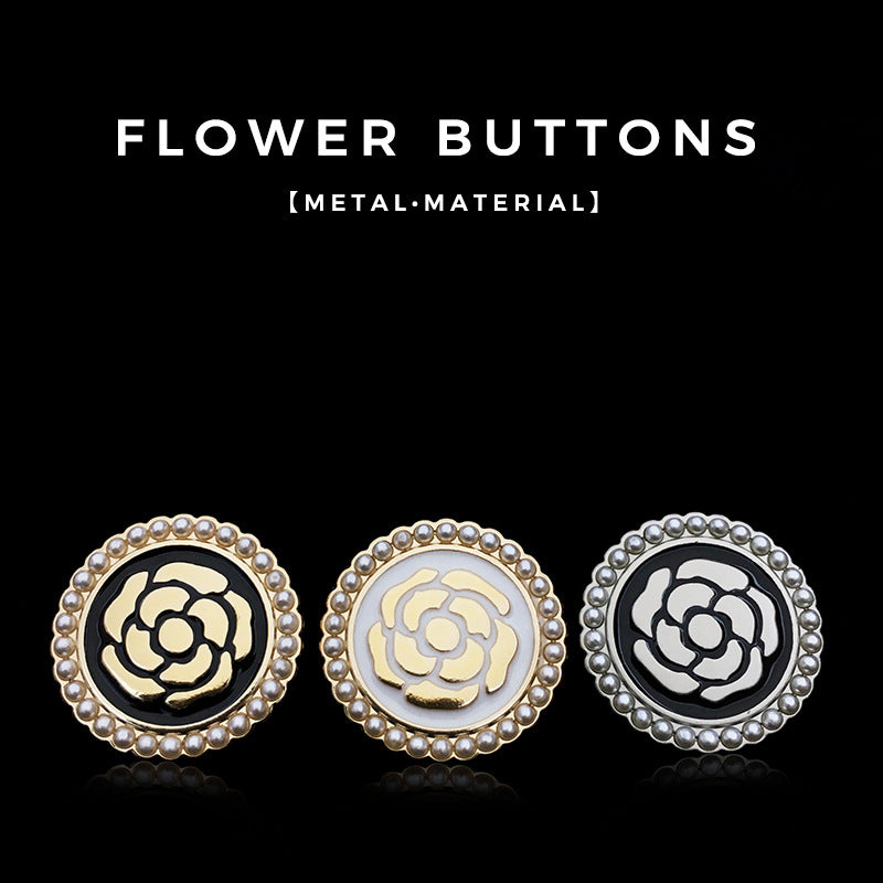 Round metal buttons with pearl borders and floral rose centers, black-and-white front set