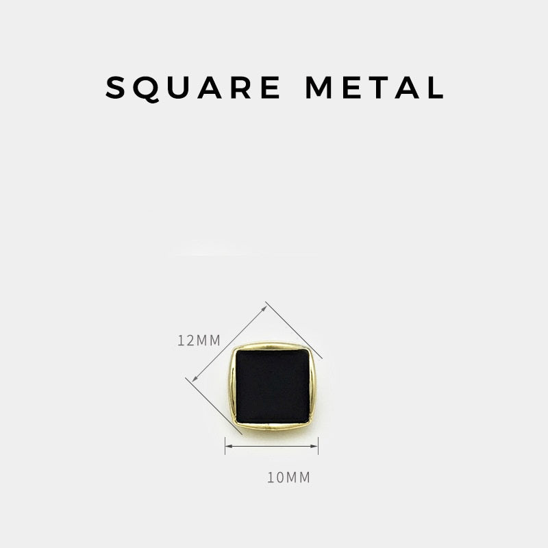 Square button size 10mm x 12mm, black center, gold-tone metal frame (dimensions shown)
