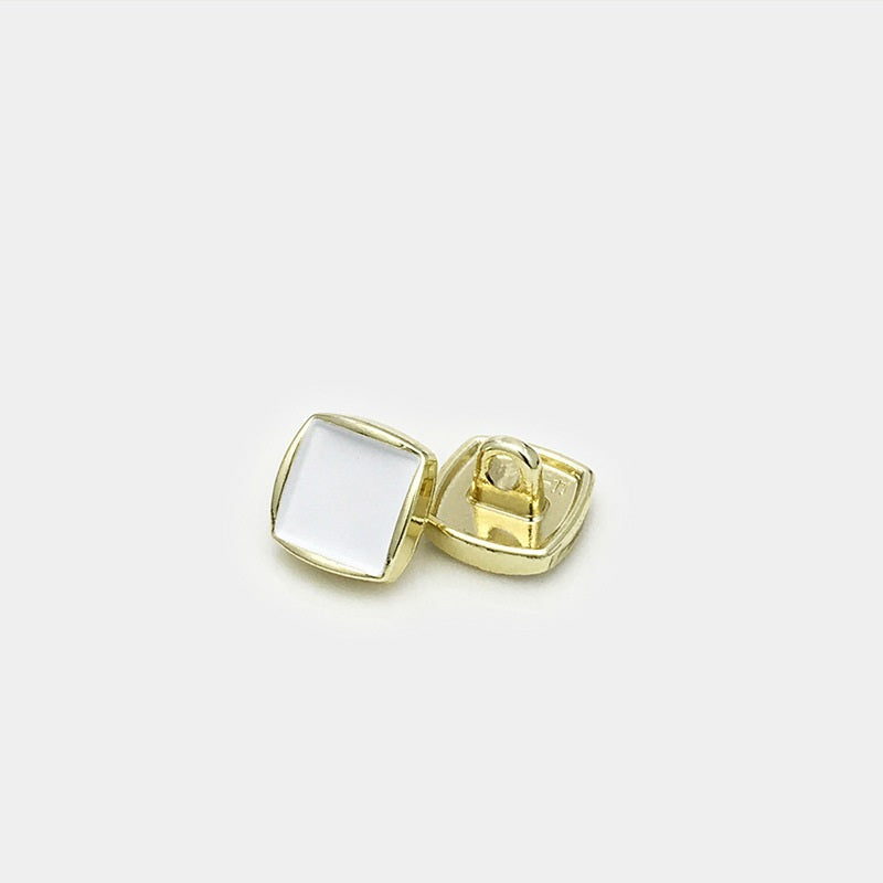 Square sewing button with white face and gold-tone metal back, 30pcs