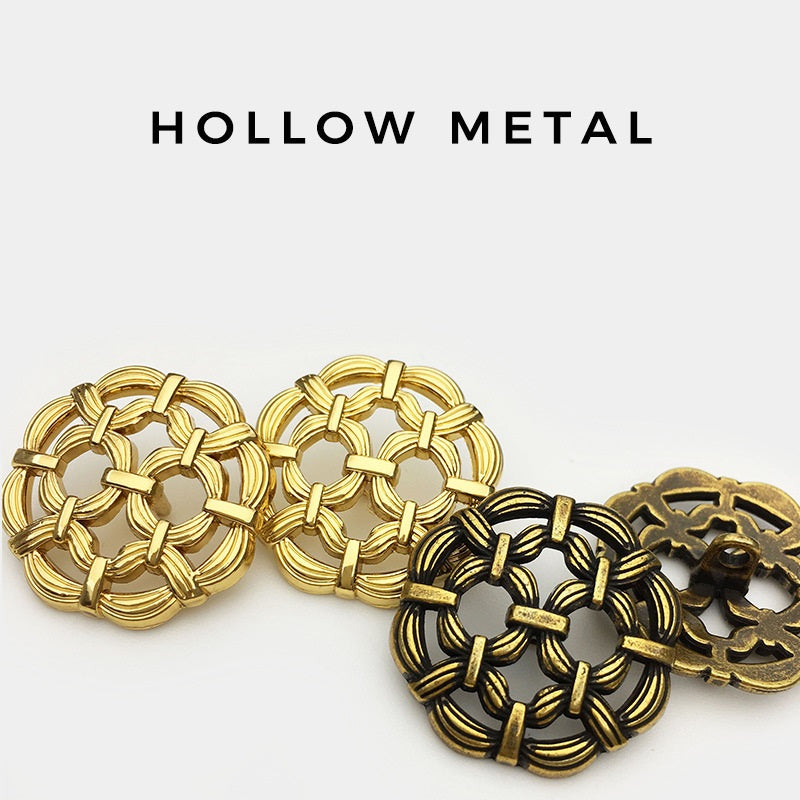Hollow metal button set, gold and bronze circular ring filigree with shanks