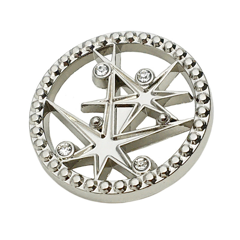 Sternförmiger Hohlmetallknopf 17,5/22,5 mm, silber, Diamantmotiv, Strass