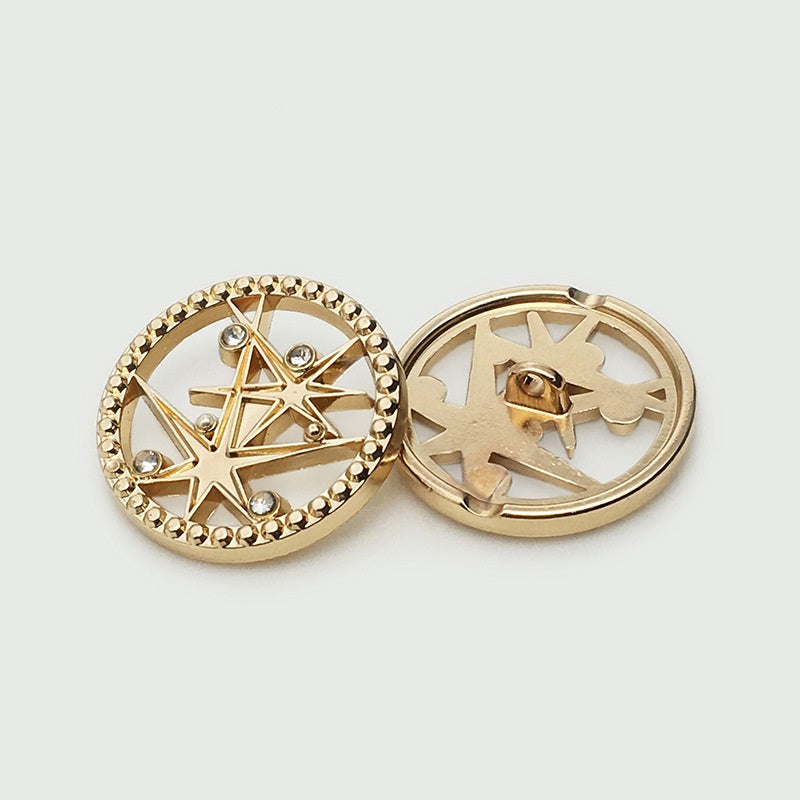 Sternförmiger Hohlmetallknopf 17,5/22,5 mm, gold, Diamantmotiv, Strass