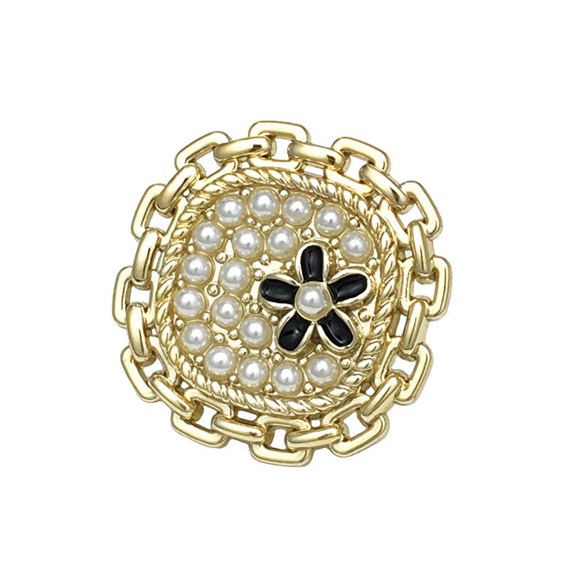 Gold square metal button with faux pearl flower, black center; 17.5/22.5mm, 12pcs