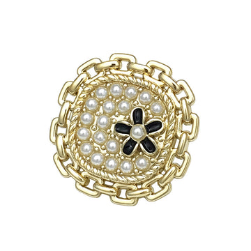 Gold square metal button with faux pearl flower, black center; 17.5/22.5mm, 12pcs