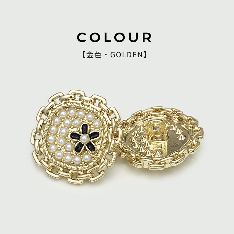 Golden square pearl-flower button, faux pearls and black petals; chain-link metal back