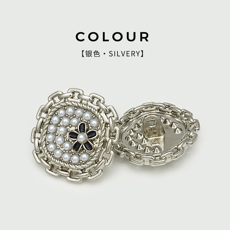 Silver square pearl-flower button, faux pearls and black petals; chain-link metal back
