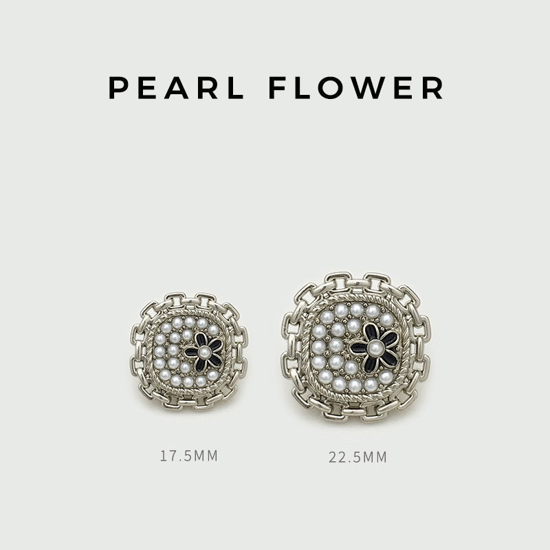 Pearl flower metal buttons, 17.5mm and 22.5mm; faux pearls with black flower center