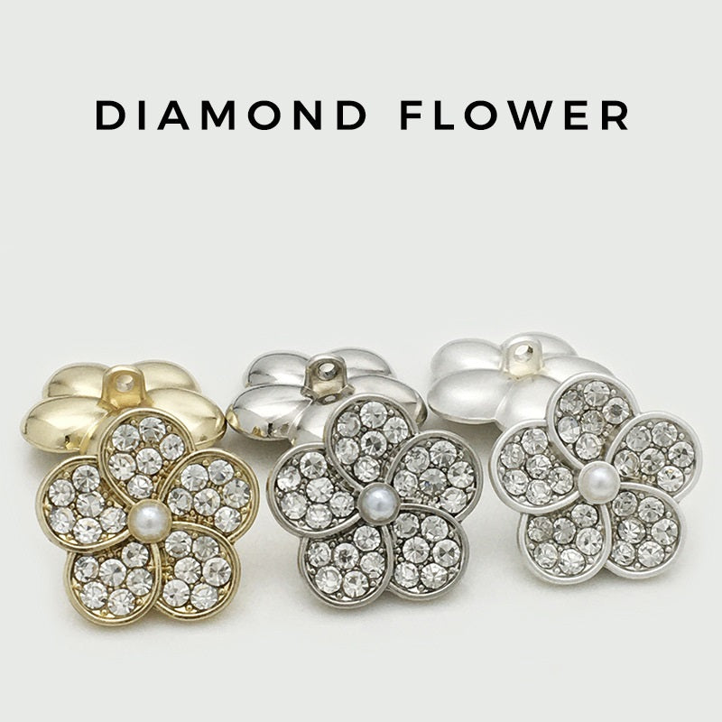 Set: 20 Blumenknöpfe in Gold, Silber und Matt-Silber mit Perle & Strass