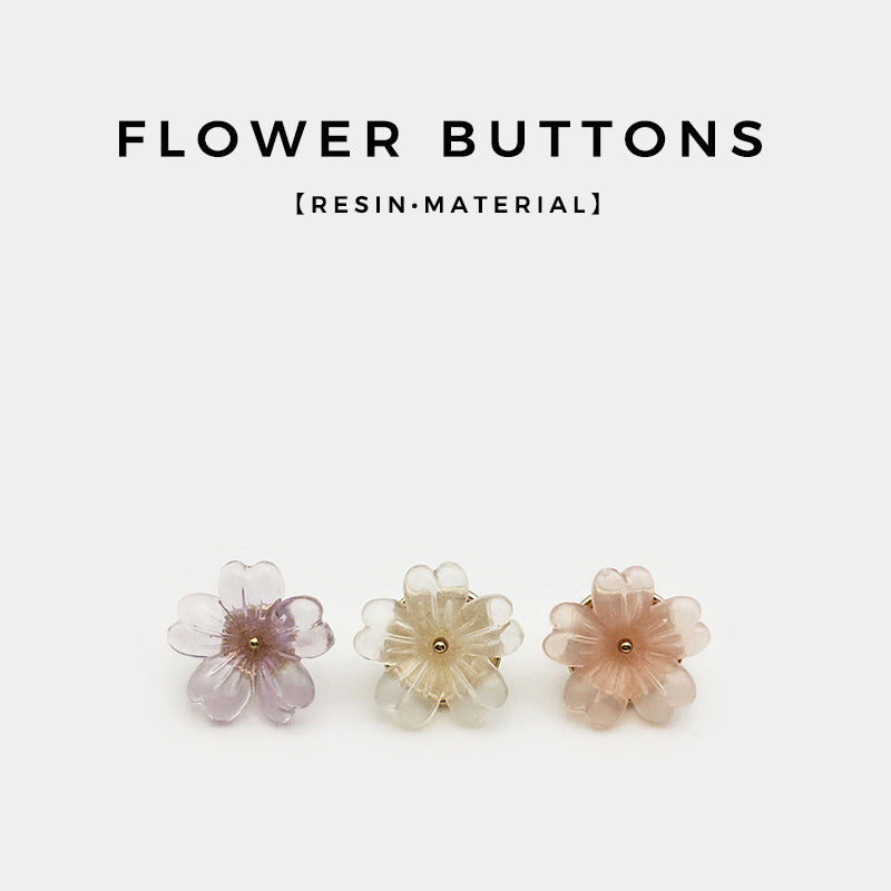 Set of transparent floral resin shirt buttons: white, purple, and pink (three shown)