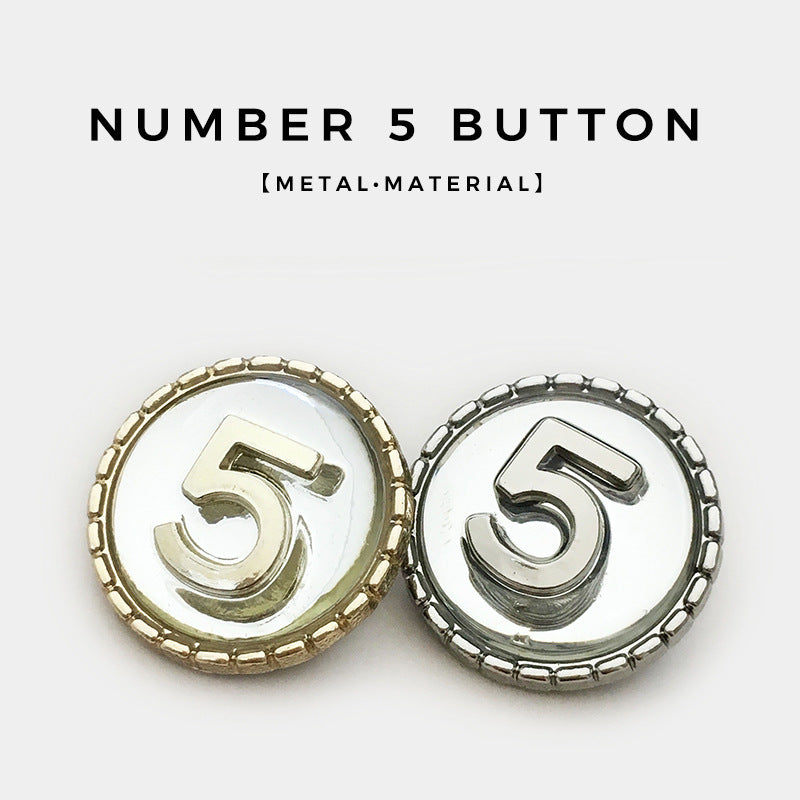 Number 5 circular metal shank buttons, gold and silver finishes, front view of two