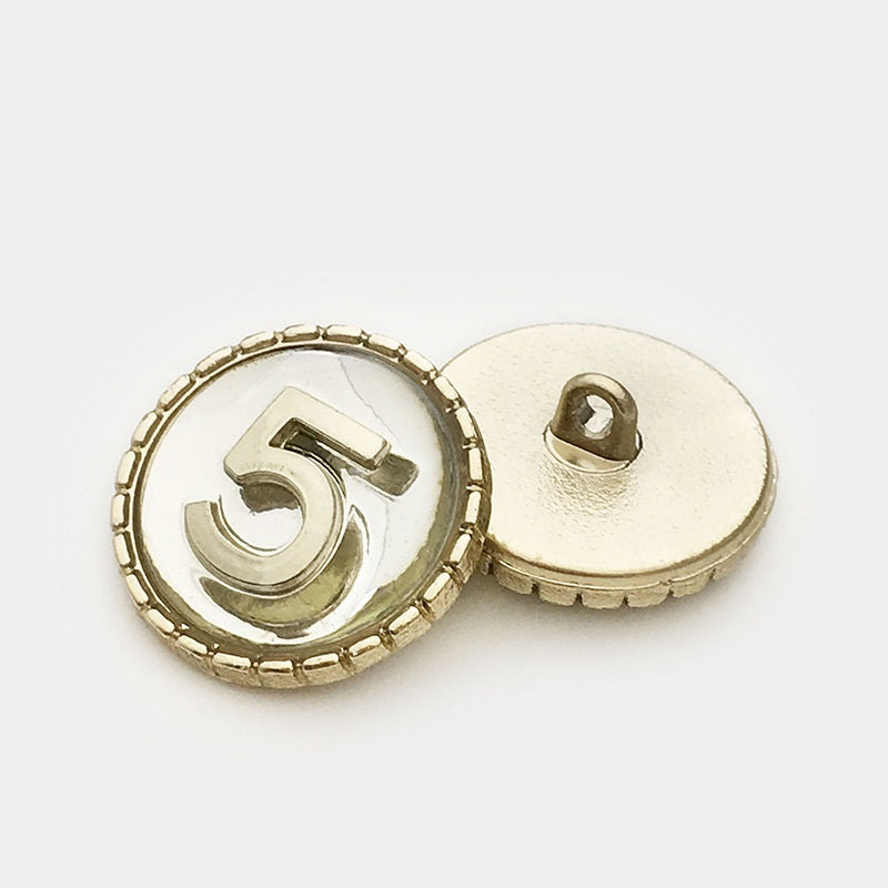 Gold Number 5 circular metal shank button with back and loop shank, 15–22.5mm