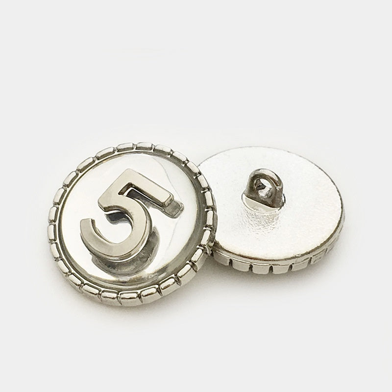 Silver Number 5 circular metal shank button back with loop shank, 15–22.5mm