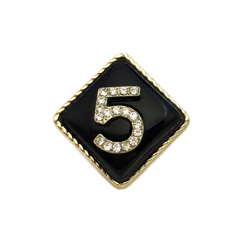 Black square metal button, number 5 rhinestones, gold frame