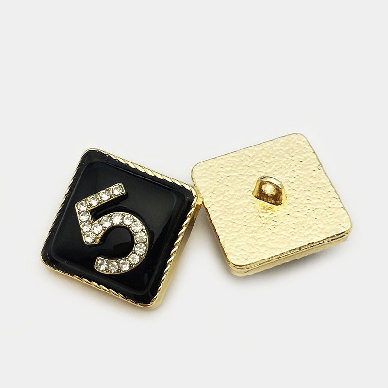 Black square metal button number 5, crystal inset design, gold outline, back shown