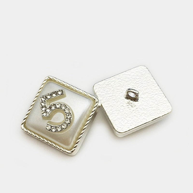 White square metal button number 5, crystal design, gold trim, square shank back
