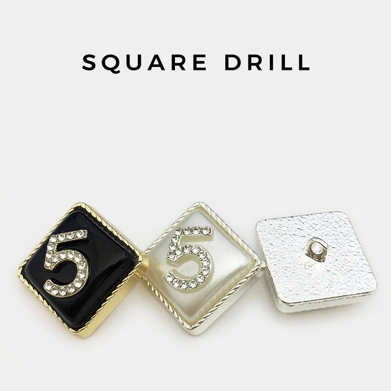 Square number 5 buttons in black and white; gold edging, crystal accents, square shanks