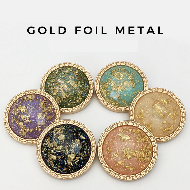 Set of 10 gold foil water ripple resin buttons in multiple colors with gold-speckle faces