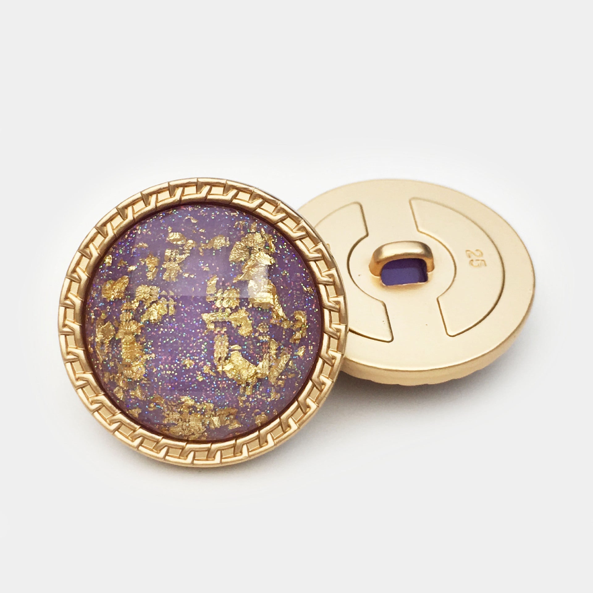 Purple 25mm gold foil water ripple resin button front with gold rim and back