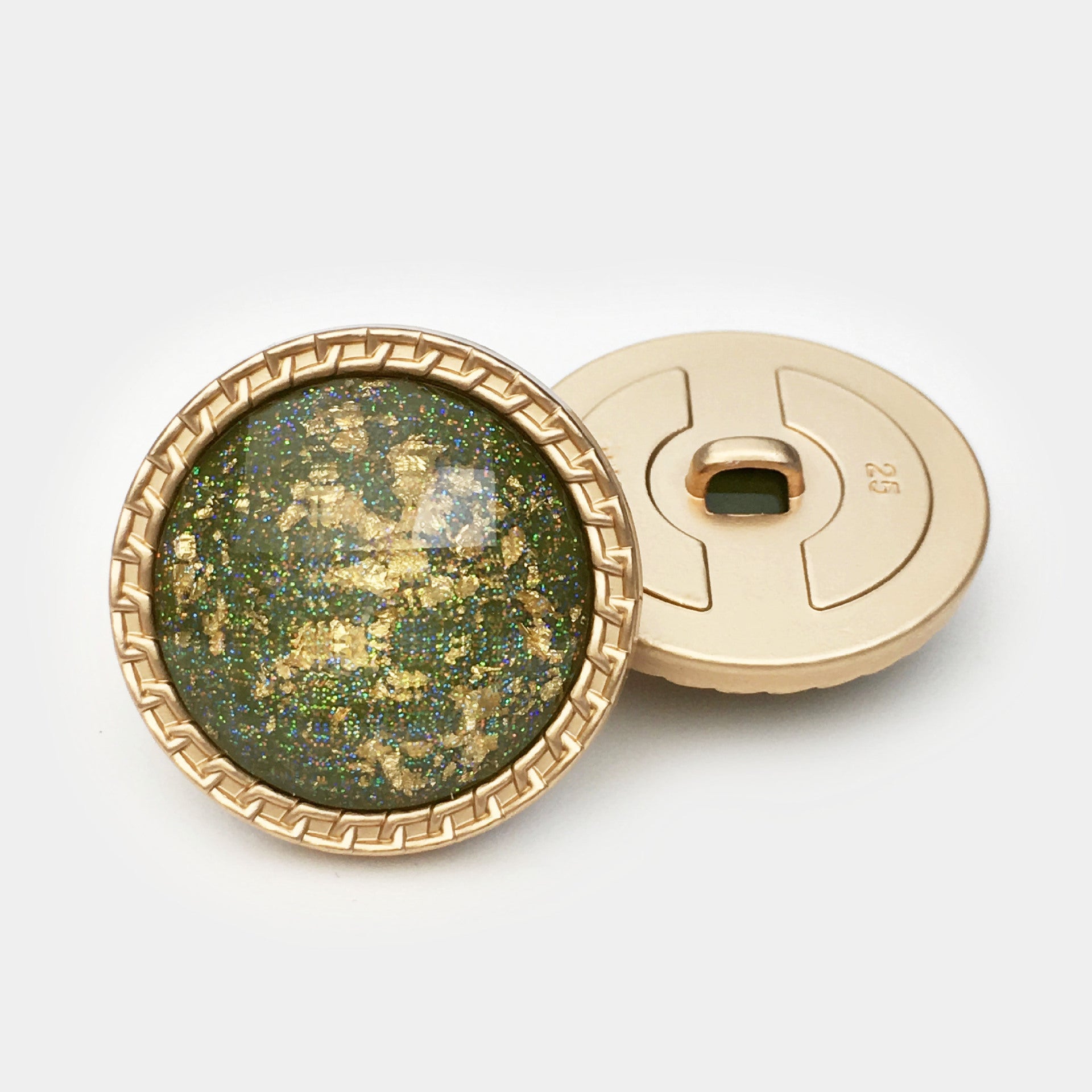 Dark green 25mm gold foil water ripple resin button front with gold rim and back