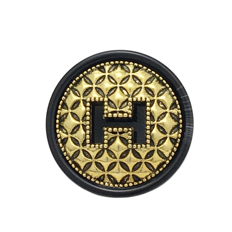 Black round vintage metal resin H button, gold lattice border and floral H design