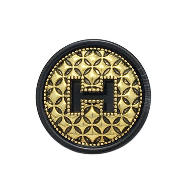 Black round vintage metal resin H button, gold lattice border and floral H design