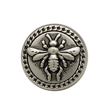 Antique Silver round metal bee button, ornate rim and raised bee design