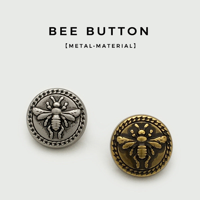 Antique Silver and Antique Gold round metal bee buttons, two-piece view