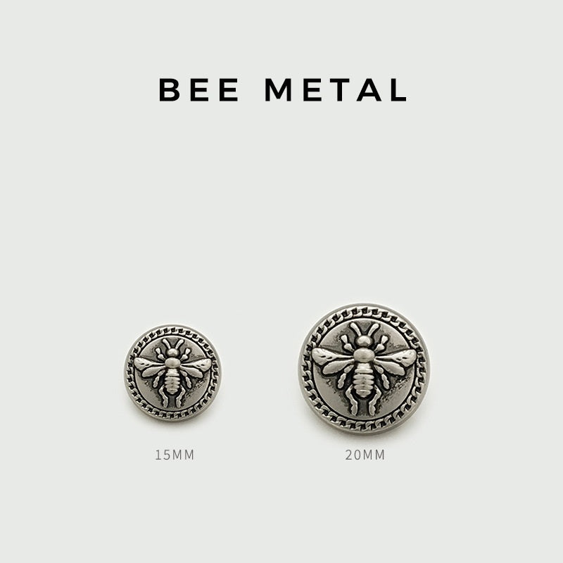 Bee metal buttons in Antique Silver, round 15mm and 20mm sizes shown