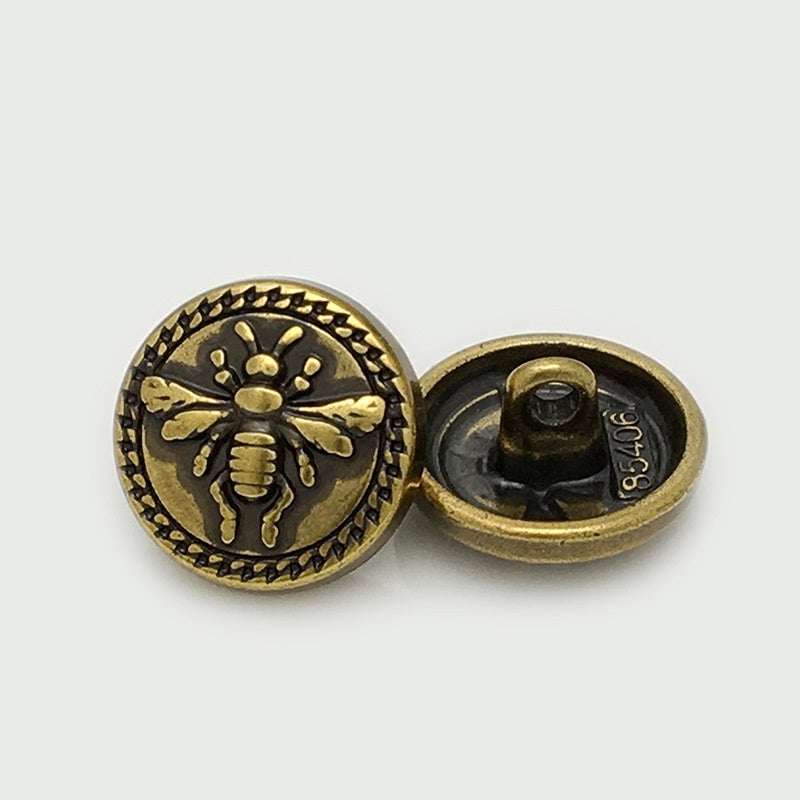 Antique Gold round metal bee button with back and front, embossed bee detail