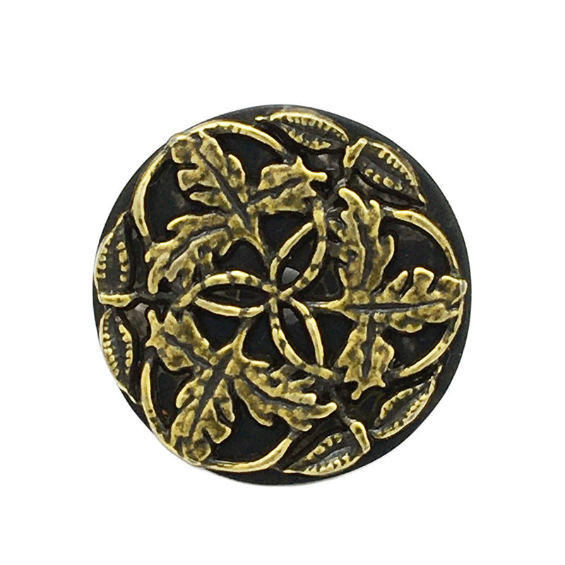 Antique gold round resin button with ornate branch-flower design, 16/21mm