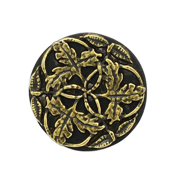 Antique gold round resin button with ornate branch-flower design, 16/21mm