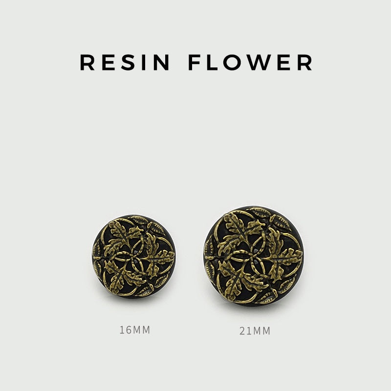 Antique gold resin flower button, round; sizes 16mm and 21mm shown