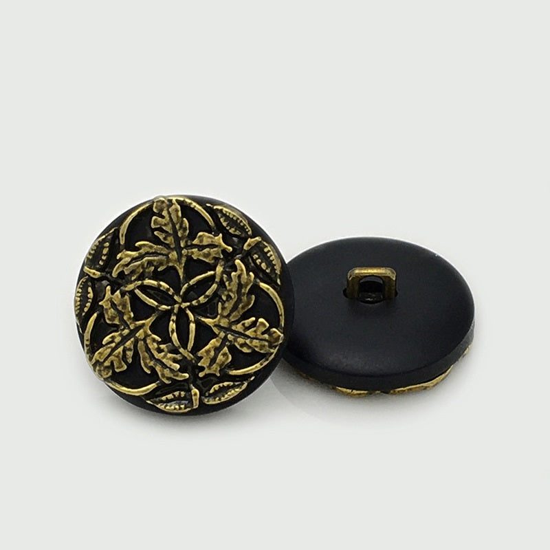 Antique gold round resin button with branch-flower front and flat shank back