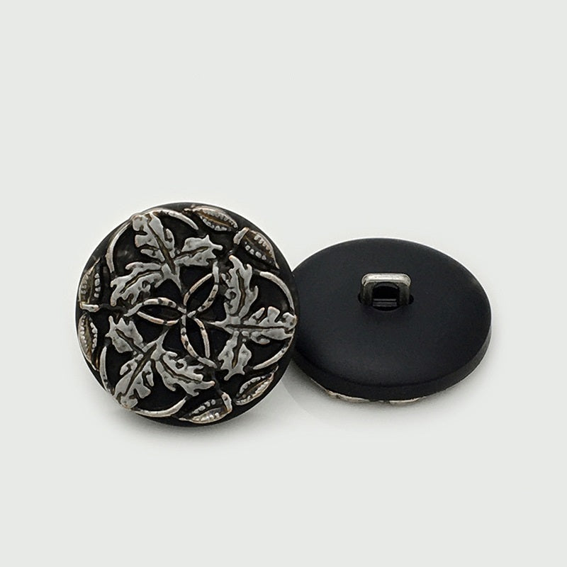 Antique silver round resin button with branch-flower front and flat shank back