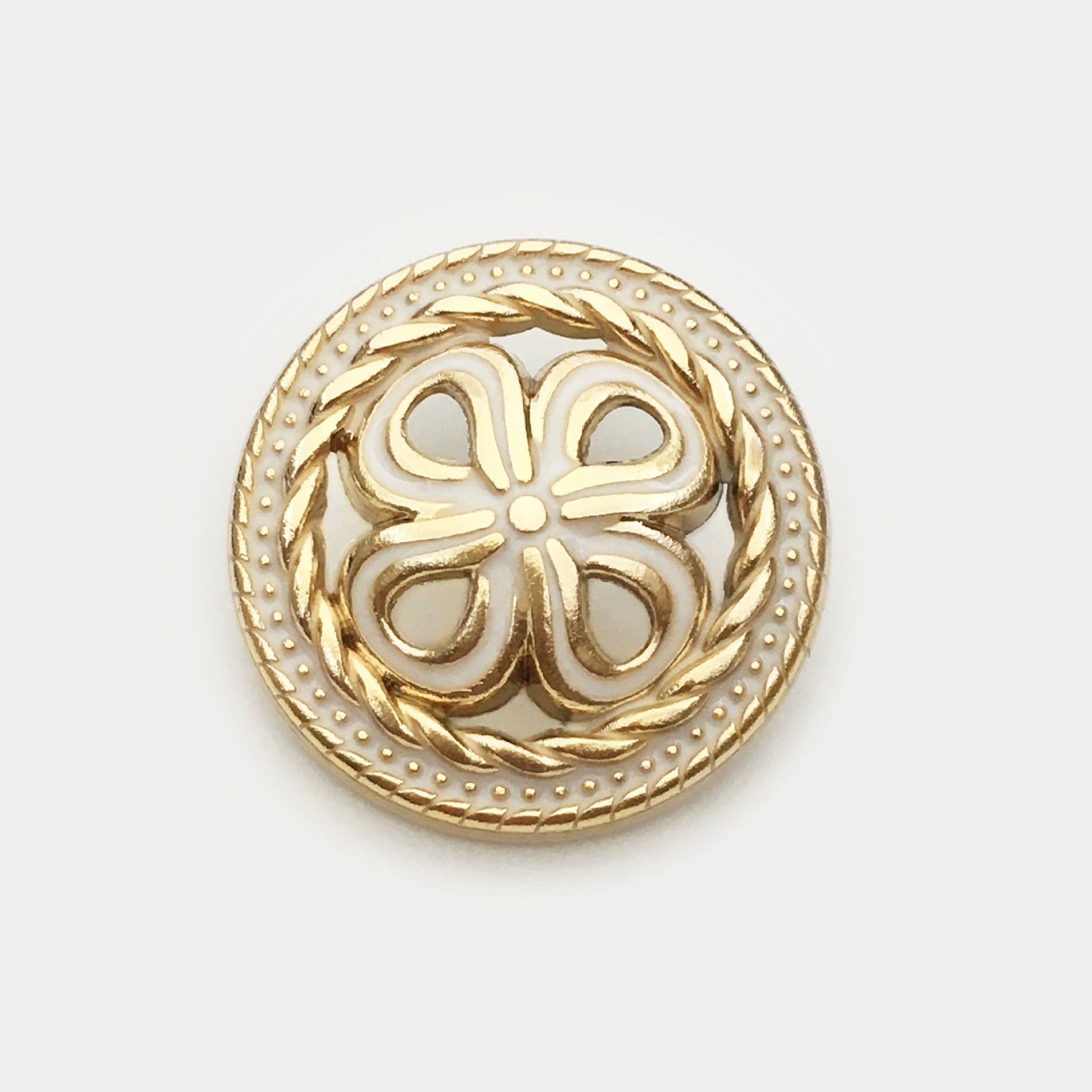 Gold hollow four-leaf clover metal button with white inlaid petals