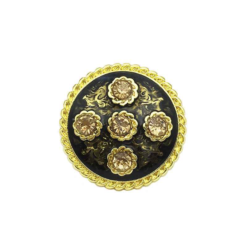 Gold retro floral diamond metal button, round black face with gem-like flower inlays