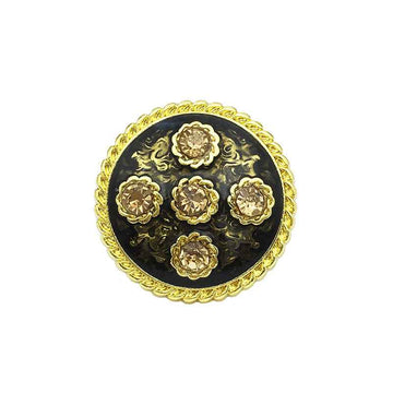 Gold retro floral diamond metal button, round black face with gem-like flower inlays