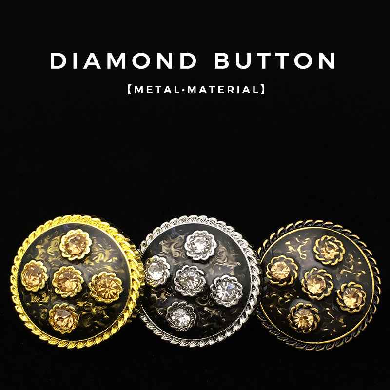 Metal buttons in gold, silver, and bronze tones; round black bases with floral rhinestone design