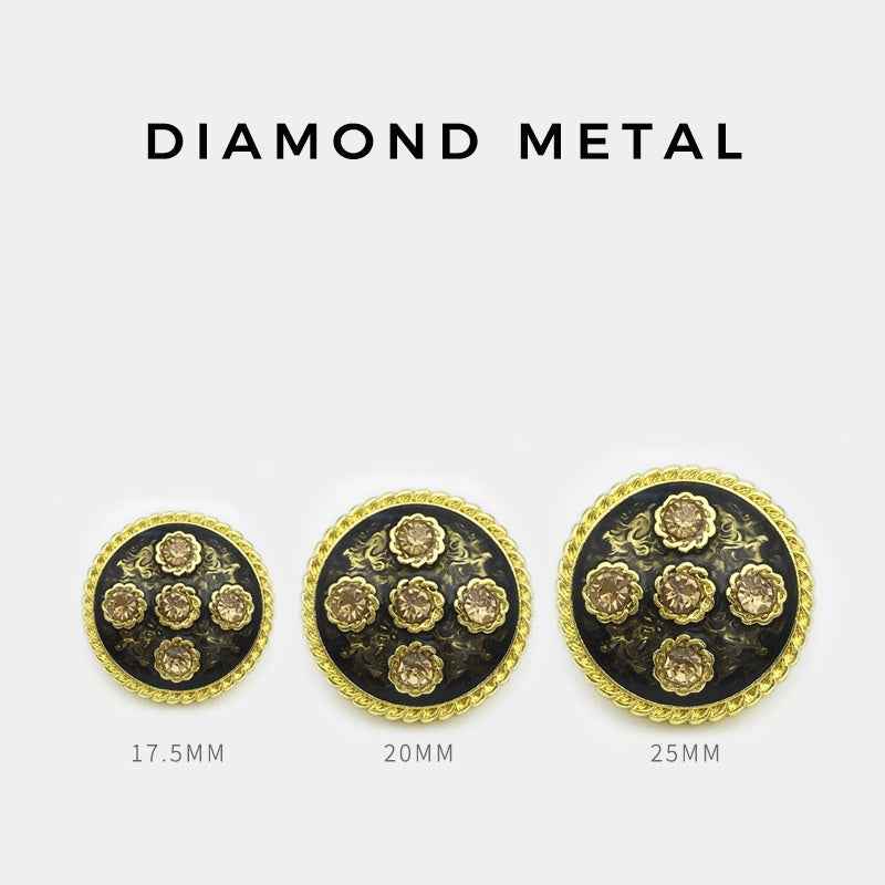 Round metal coat buttons, 17.5mm/20mm/25mm sizes; floral rhinestone layout on black face