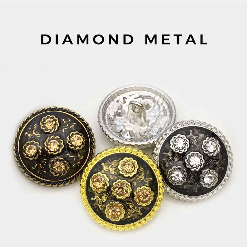 Round metal buttons in gold, silver, and bronze finishes; black faces with floral rhinestones