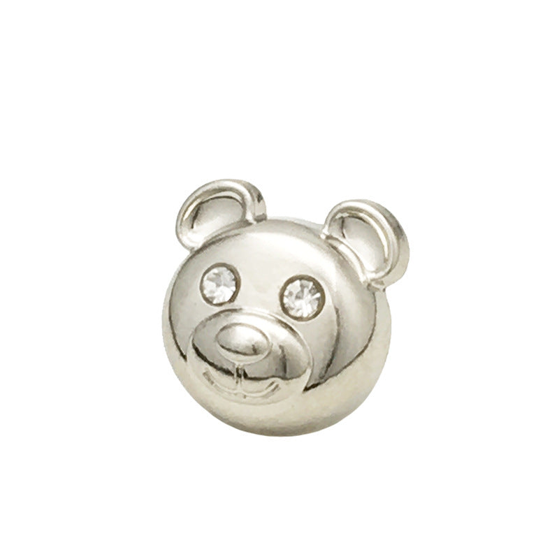 Silver bear-head metal button with two clear rhinestone accents, 12mm