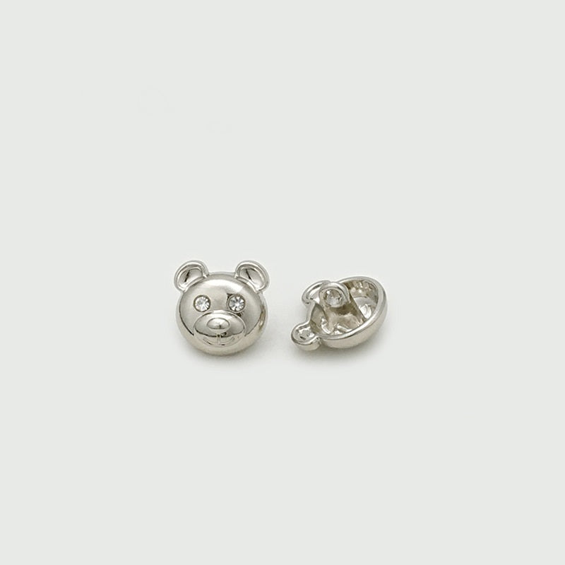 Silver bear-head metal button with clear rhinestone eyes, 12mm