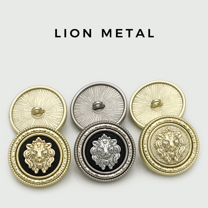 Set of round lion-head metal buttons in gold and silver/black finishes