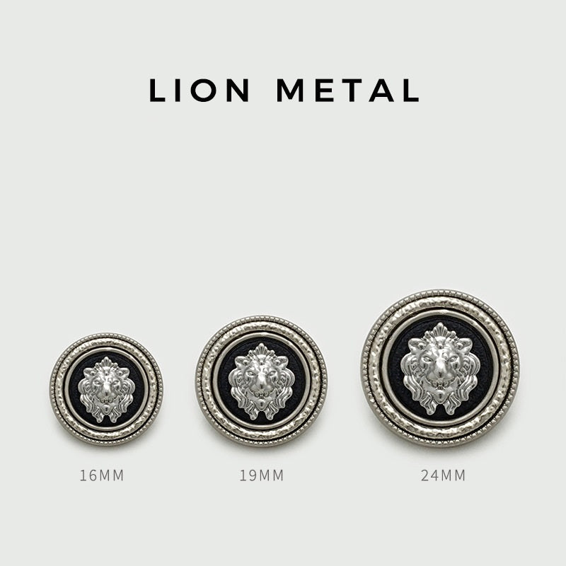 Round lion-head metal buttons in silver tones, sizes 16mm, 19mm, 24mm