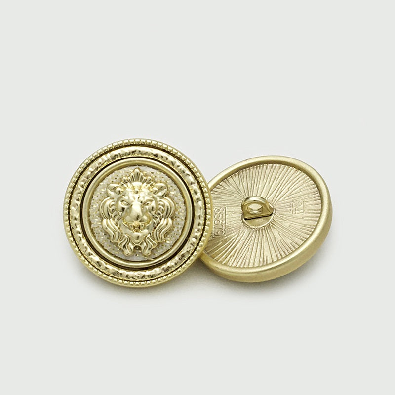 Gold lion-head round metal button, black inner ring, front and back shown