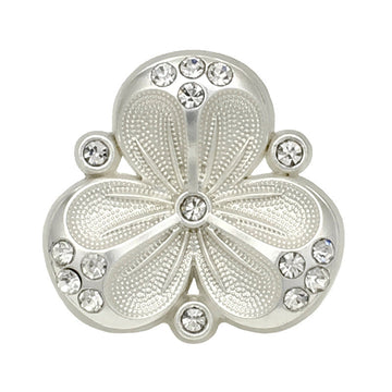 Silver flower metal button with bead texture and clear rhinestone accents, round shank