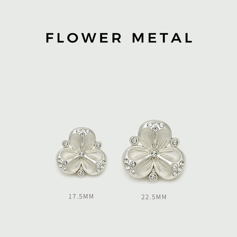 Silver flower metal buttons with rhinestones, 17.5 mm and 22.5 mm sizes