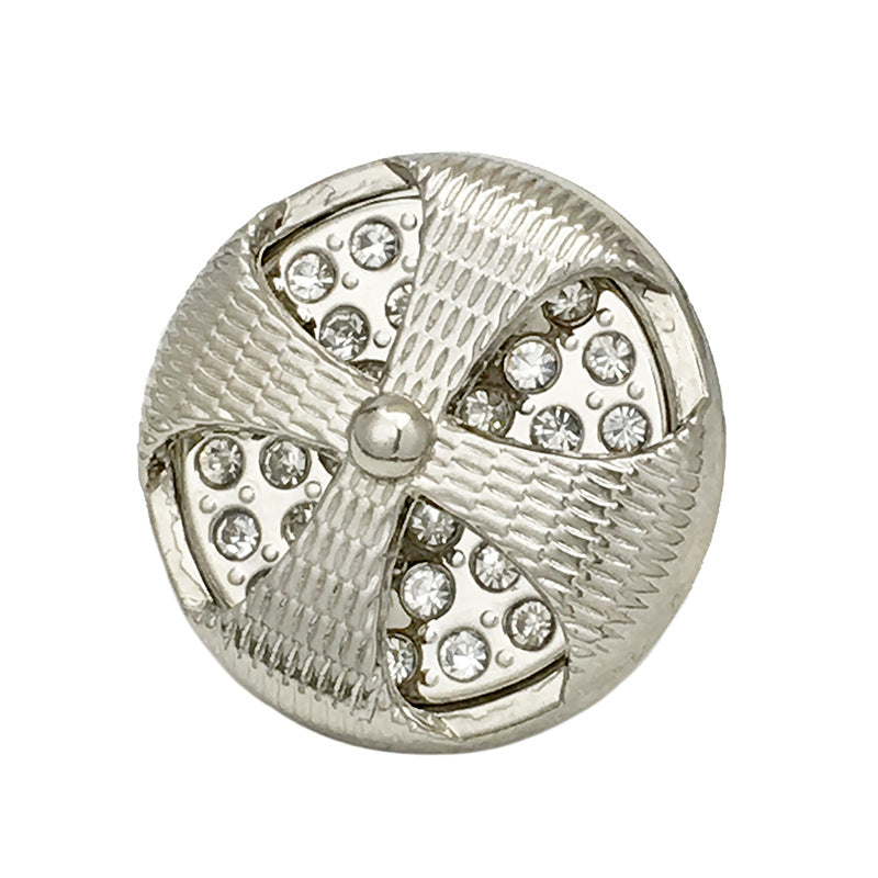 Silver round vintage beaded hollow metal button, ornate rhinestone floral design