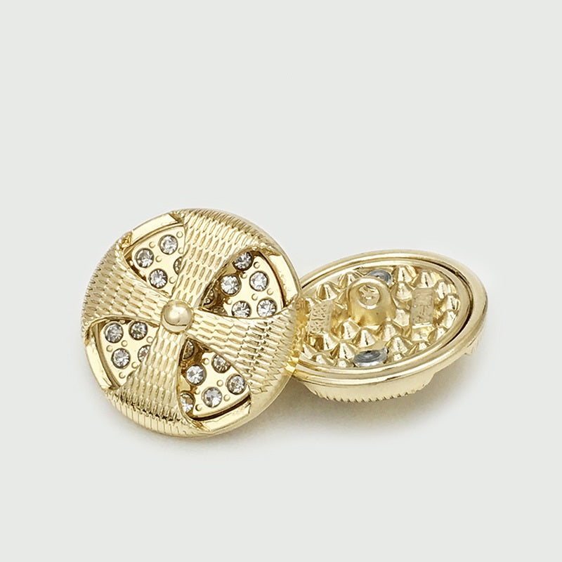 Gold round vintage beaded hollow metal button, rhinestone floral face and shank