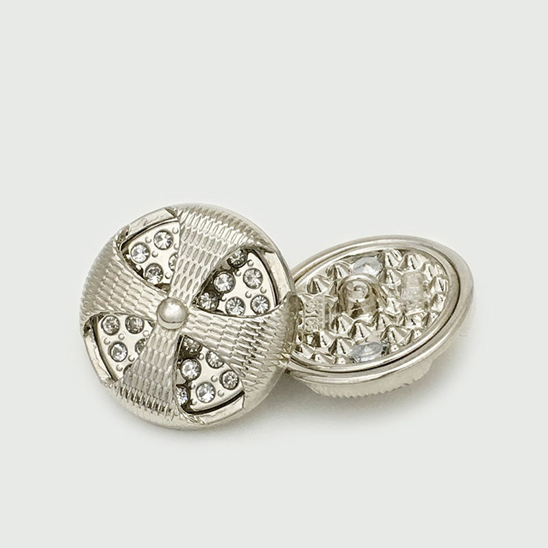 Silver round vintage beaded hollow metal button, rhinestone floral face and shank